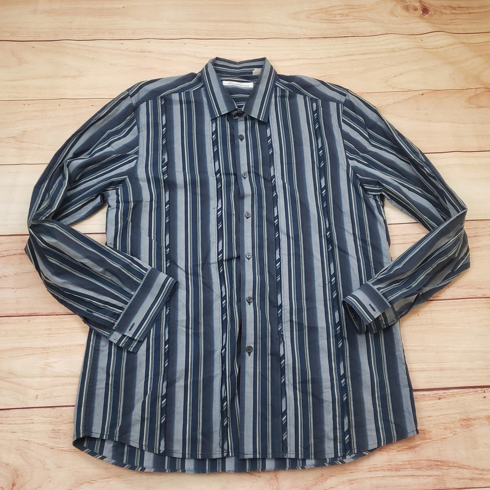 Kenneth Cole New York Dress Shirt Mens XL Blue Stripe Long Sleeve‎ Button Front